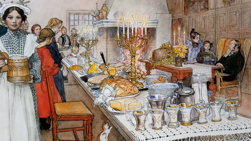 Målning som föreställer ett julbord med stor skinka, staplade tallrikar och kandelaber med stearinljus och människor från tidigt 1900-tal agerar runt bordet.